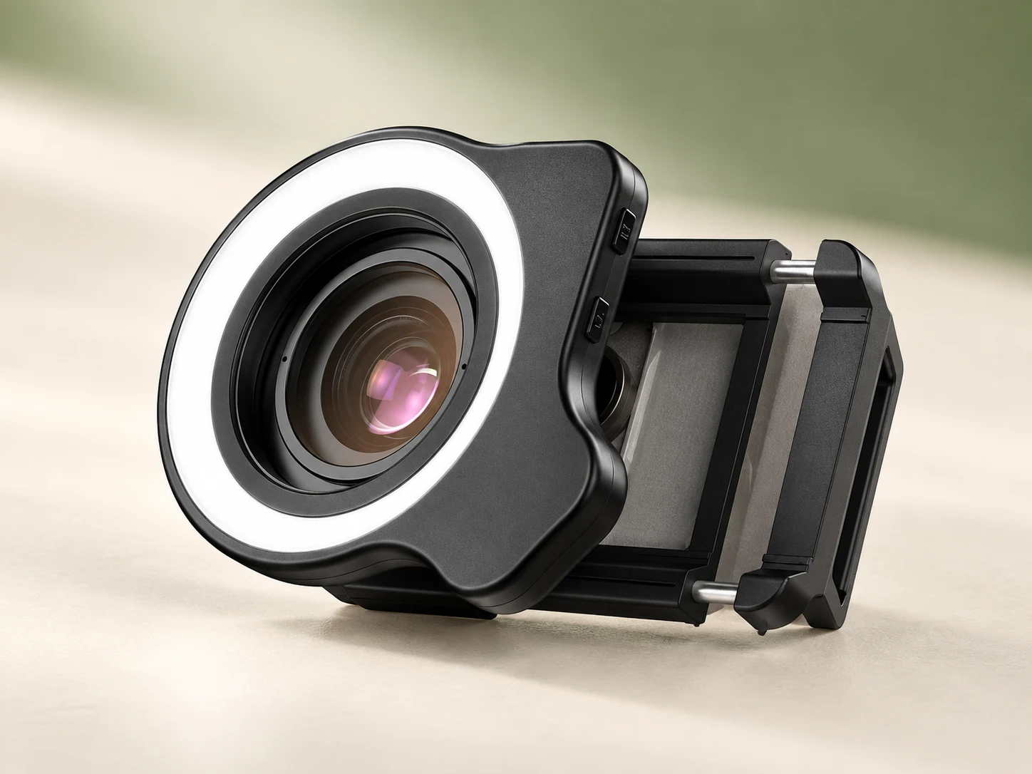 AI product illustration of the APEXEL macro lens and LED light